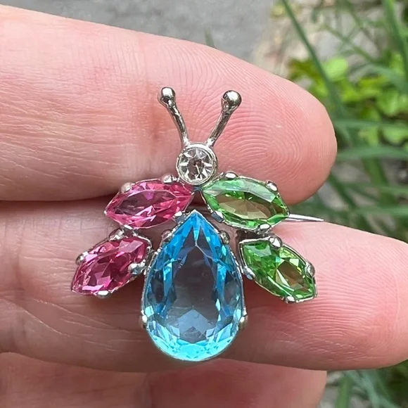 DESIGNER VINTAGE 925 SS CRYSTAL BEETLE BUG PIN BROOCH VIBRANT BLUE PINK GREEN